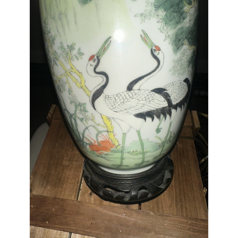 Vintage Chinese Porcelain Famille Rose Figural Birds And Landscape  Lamp - Picture 9 of 9